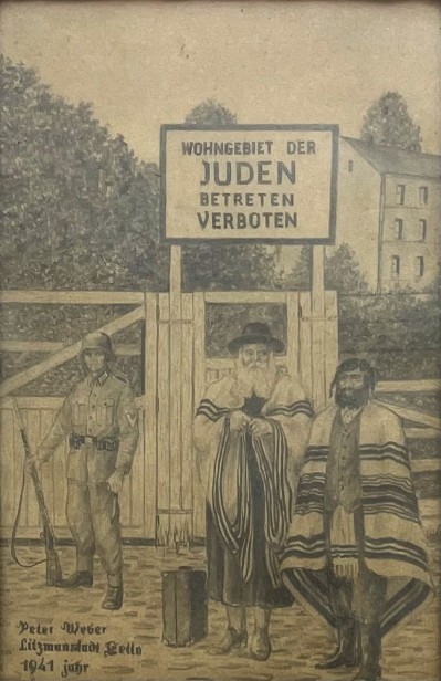 Jews in prayer shawls at the gate of the Lodz Ghetto, 1941
