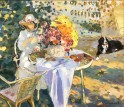 Woman and dog in the gardern,